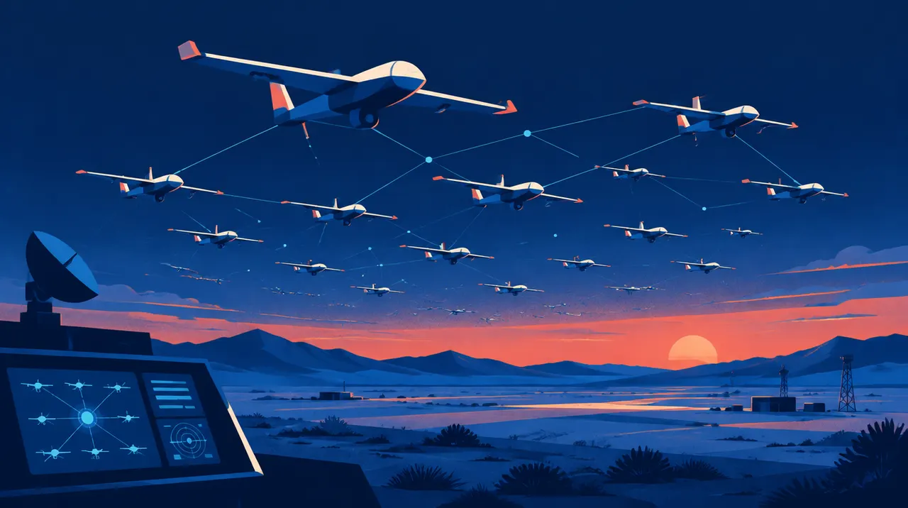 Illustrazione piatta di piccoli velivoli senza pilota alati che volano in formazione coordinata sopra un terreno aperto.