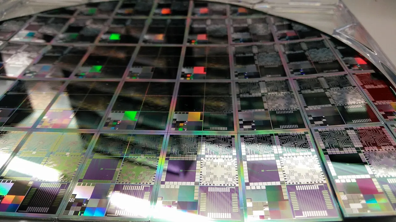 Illustrazione stilizzata di un microchip e di rack di server davanti a grafici di borsa in calo.