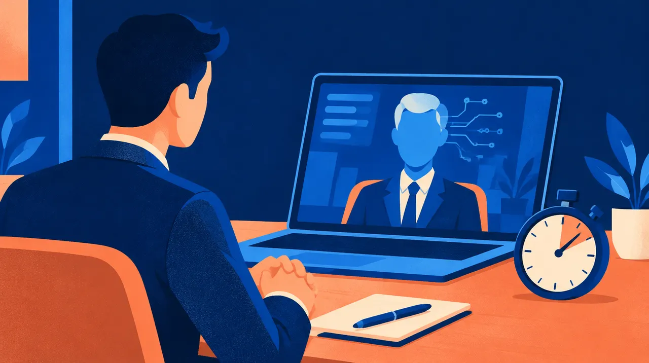 Illustrazione piatta di un candidato a un lavoro che parla con una figura di cliente IA mostrata su uno schermo.