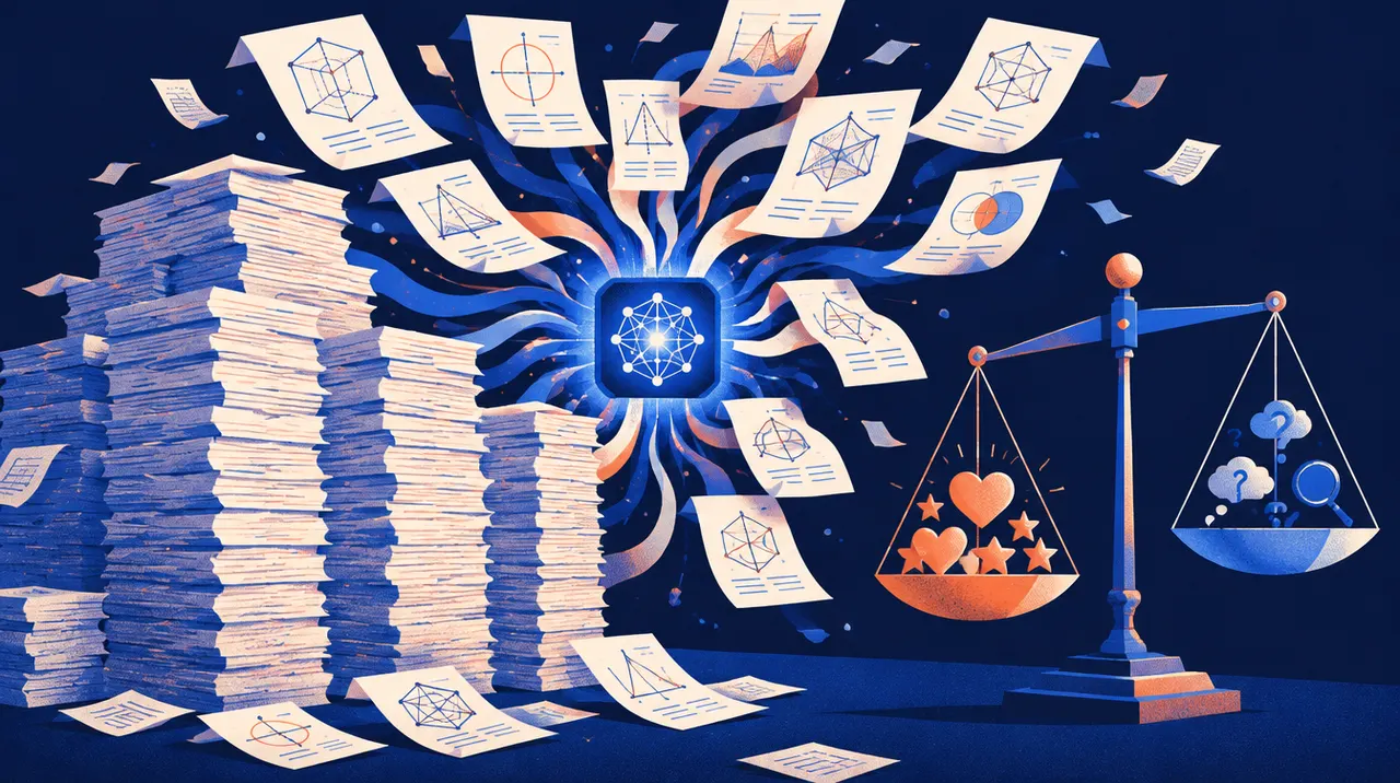 Figure in controluce esaminano pile torreggianti di articoli mentre simboli matematici escono da uno schermo di computer.